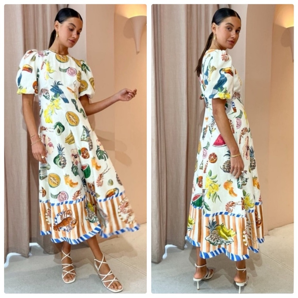 ALEMAIS Theo Printed Linen-blend Midi Dress Size 0​